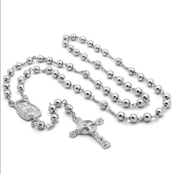 White Gold Beaded Rosary Crucifix Cross Brand New - Picture 2 of 3